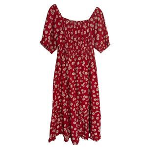 Indigo Rose Tiered Midi Dress Boho Daisy Puff Sleeve Floral Red White XL bv